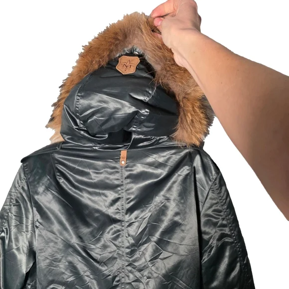 Mackage Small Down Parka Real Fur Trim Hood Long Puffer Coat Dark Green Womens S - Picture 10 of 16